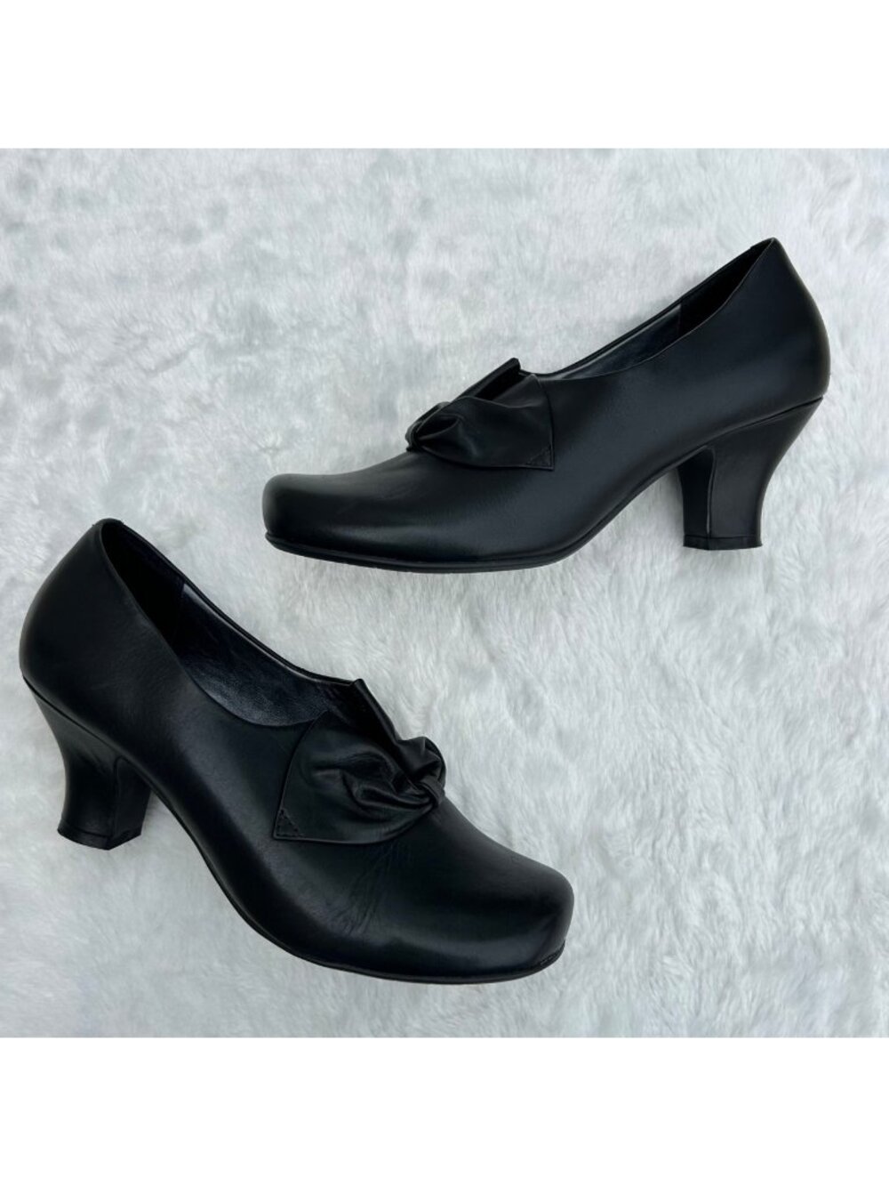 hotter Black Leather Mid Heel Pumps with Bow Accent